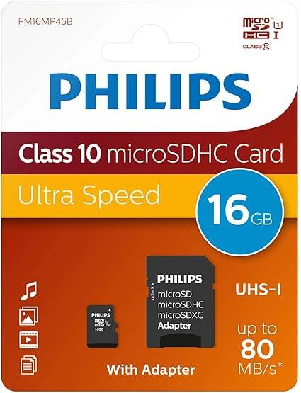 Philips Micro SDXC Card 16GB, Class 10 UHS-I U1 with Adaptor – Storage for Phones, PCs & Tablets
