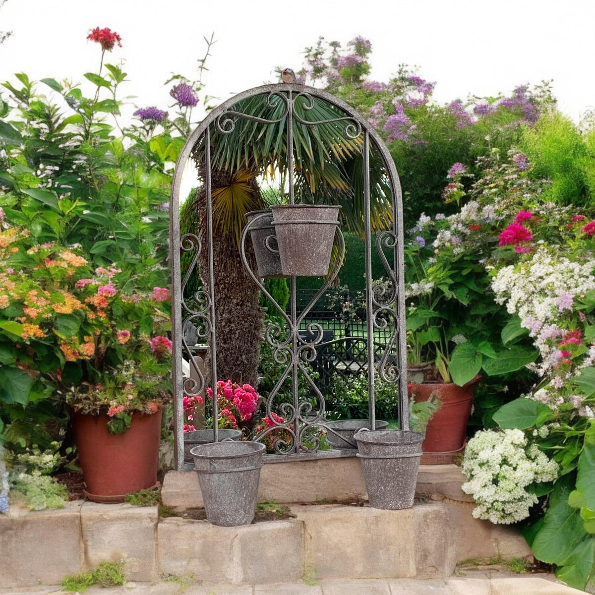 AcaciaHome Vintage Rusty Metal Wall Mirror with Triple Planter 3 Pots Holder – 70cm Arch Design