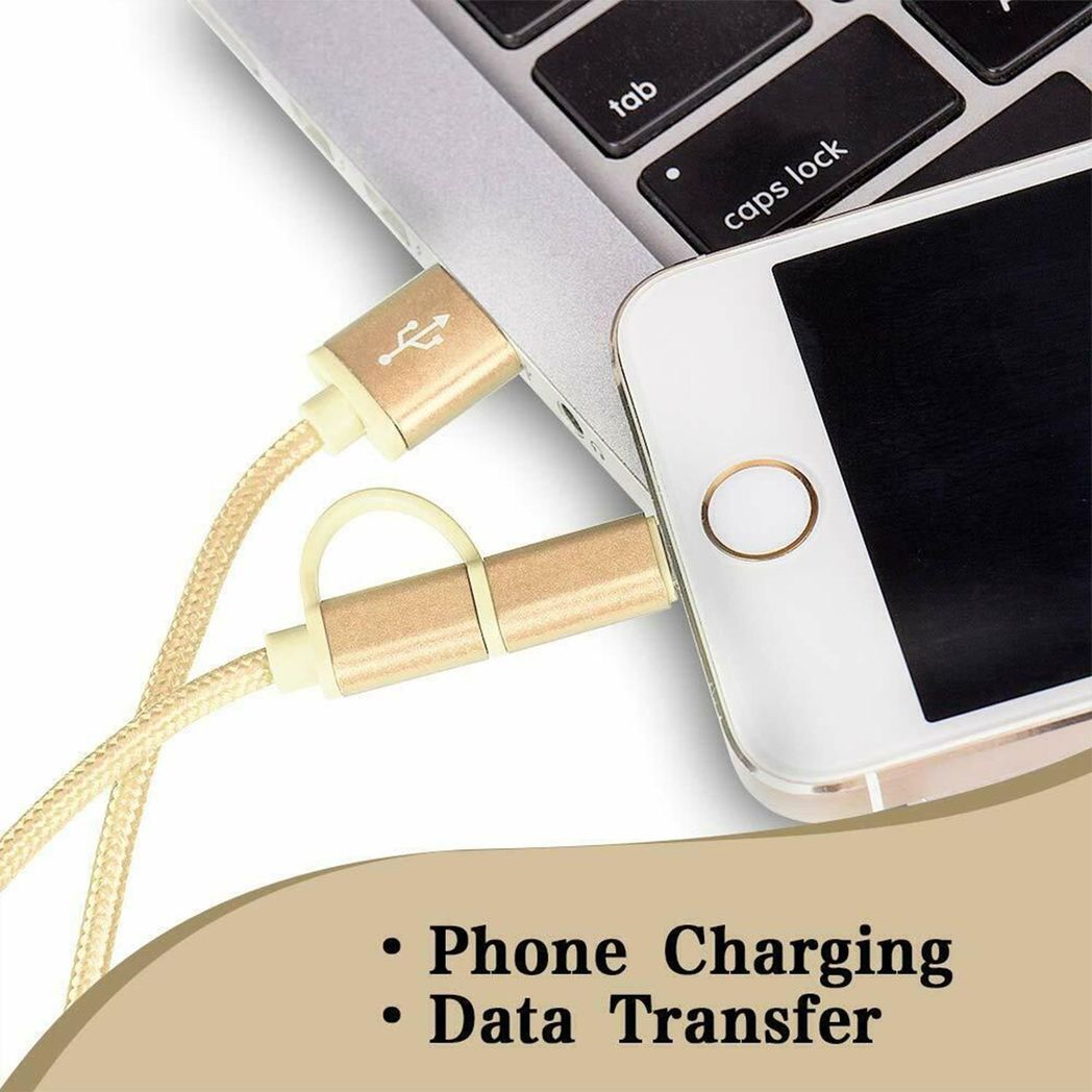 FX Powabud 2-in-1 Nylon Braided USB Cable with Dual Connectors, 1m – Sync & Charge Data Cable, Gold