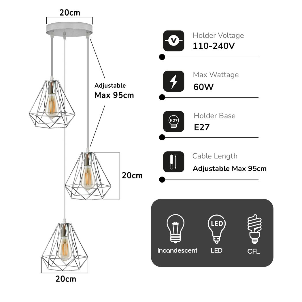 LEDSONE 3 Head Chrome Diamond Wire Cage Pendant Light with 20cm Round Base and E27 Holders – Ceiling Fitting