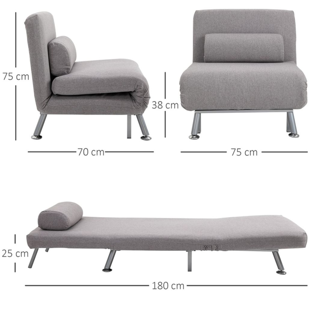 Grey Armless Chair Bed converted into bed position