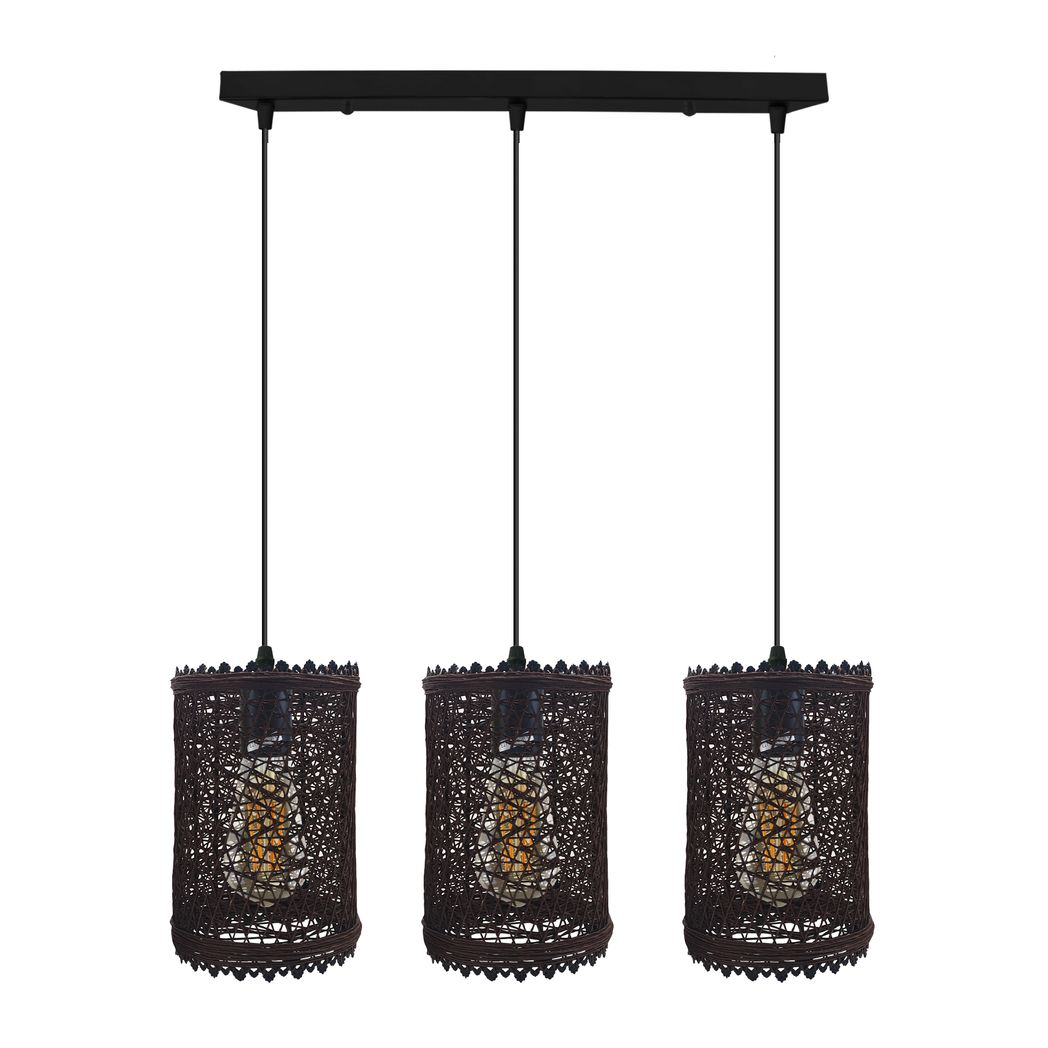 LEDSONE 3-Head Rectangle Base Natural Wicker Rattan Pendant Light, E27 – Kitchen Island & Dining Room