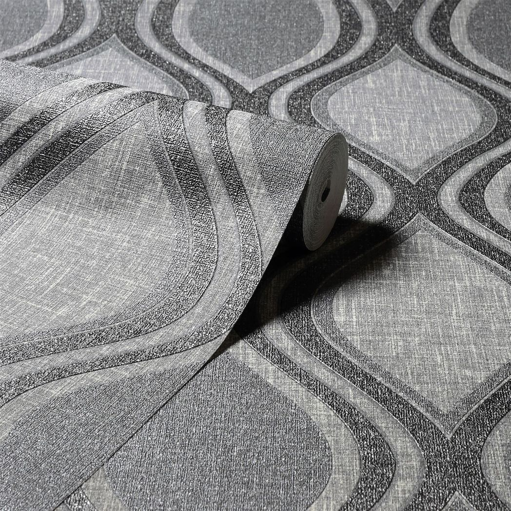 Arthouse Curve Heavyweight Vinyl Wallpaper with Metallic Shimmer – Strippable Paste the Wall, Charcoal