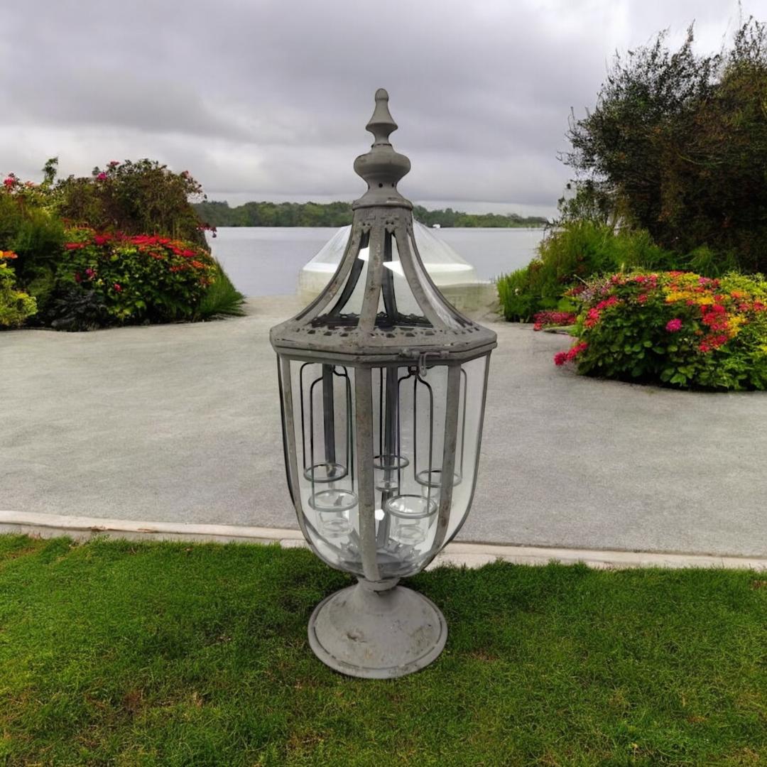 MSL 77cm Grey Metal Candle Lantern with Glass Panels – Antique Weather-Resistant Garden & Patio Light Holder