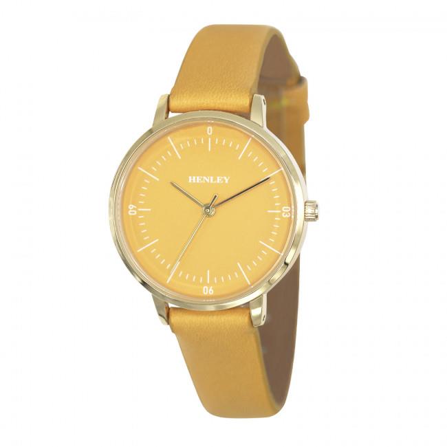 Henley Ladies Minimalist Round Watch – Polished Silver-Tone Case, Ochre Leather Strap