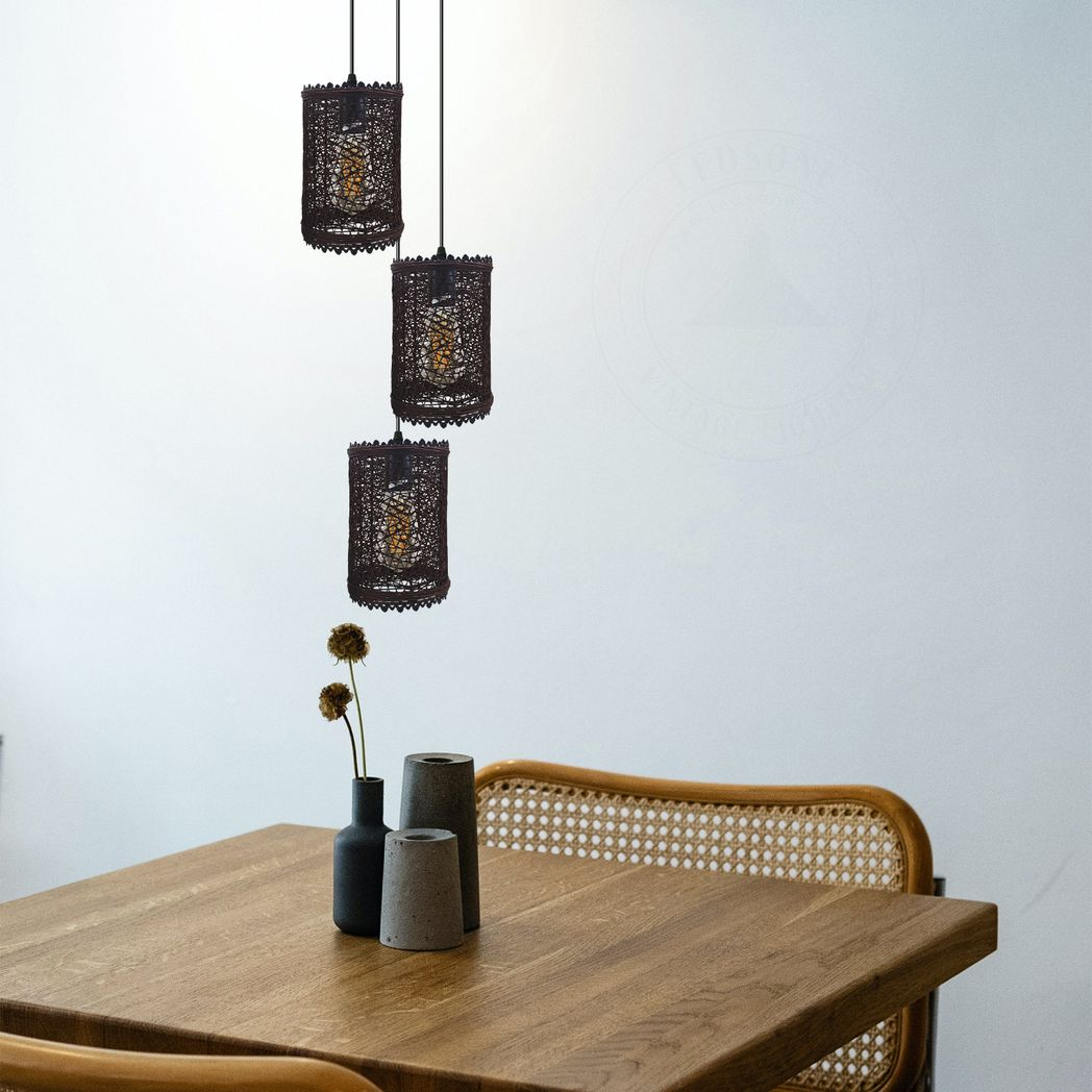 LEDSONE 3 Head Wicker Rattan Pendant Light with Round Base, E27 Holders & Adjustable Cords – Dining Lighting