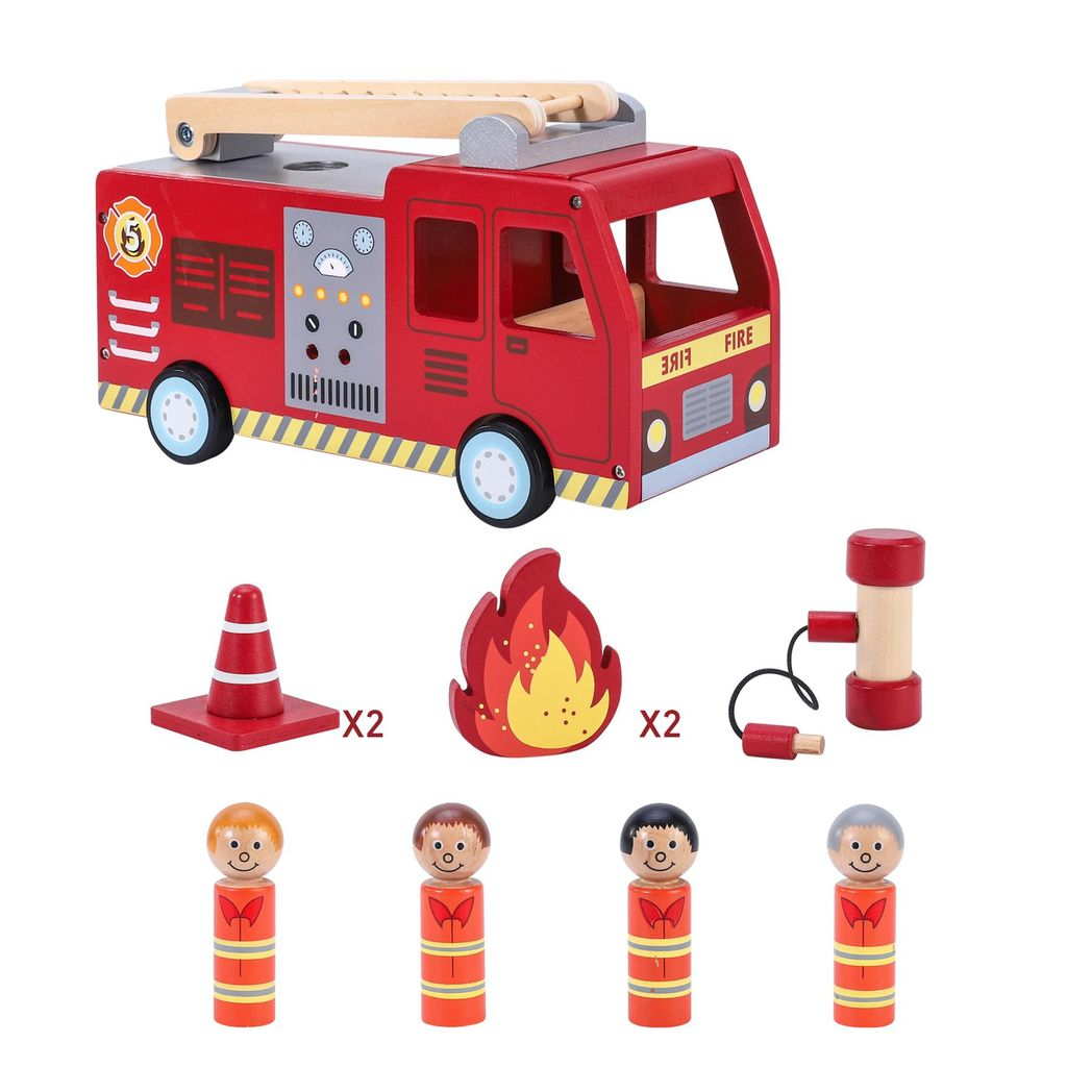 SOKA Wooden Fire Engine Playset with Extending Ladder, 4 Firefighter Figures & Hose – Kids Role Play Toy