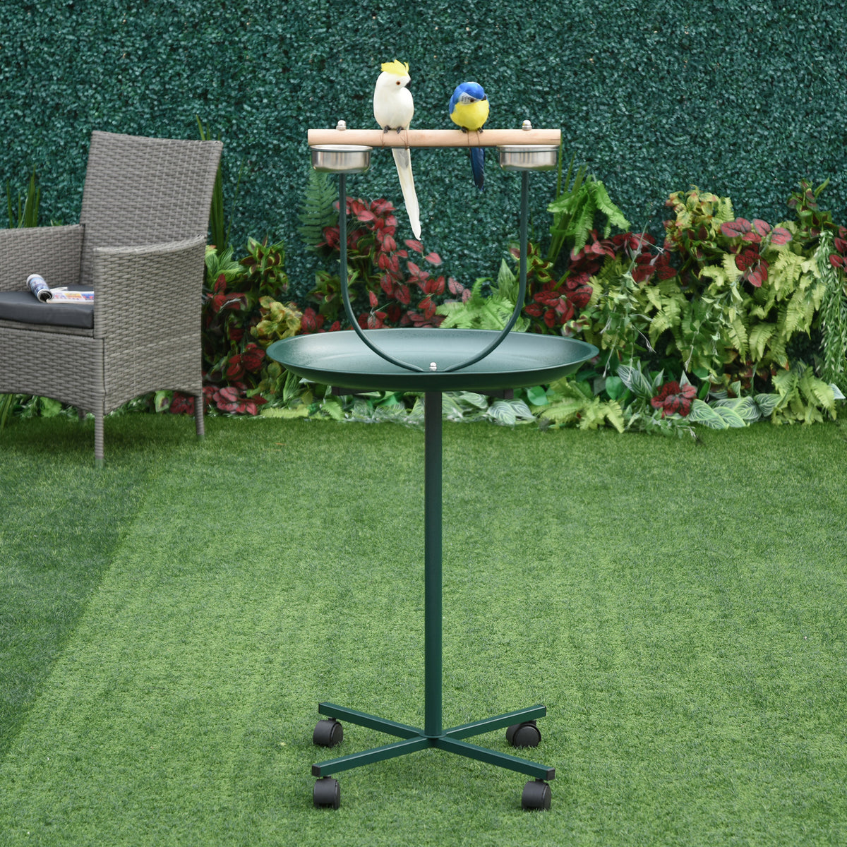 PawHut Bird Perch Stand with Wheels, Tray & 2 Stainless Steel Bowls – T-Stand for Small to Medium Birds, Green