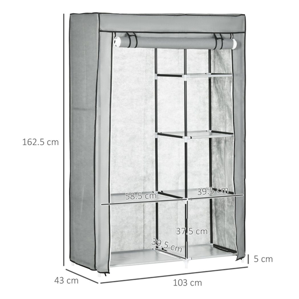 Chester Fabric Wardrobe with Hanging Rail, 6 Shelves and Roll-Up Door – Steel Frame Clothes Storage, Light Grey