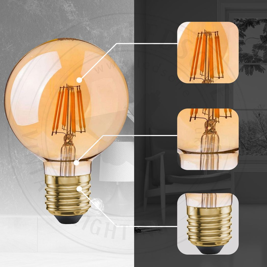 Ledsone 2 Pack E27 Dimmable LED Edison Filament Bulbs, 8W 800lm 2700K – Vintage Amber Glass G95, Warm White