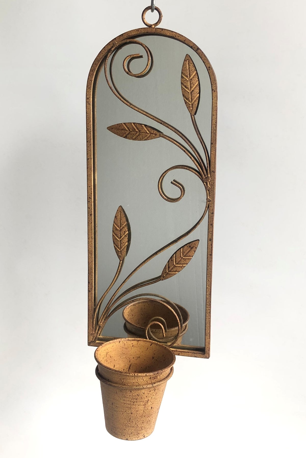 Rusty Arched 60cm Metal Garden Wall Mirror with Planter
