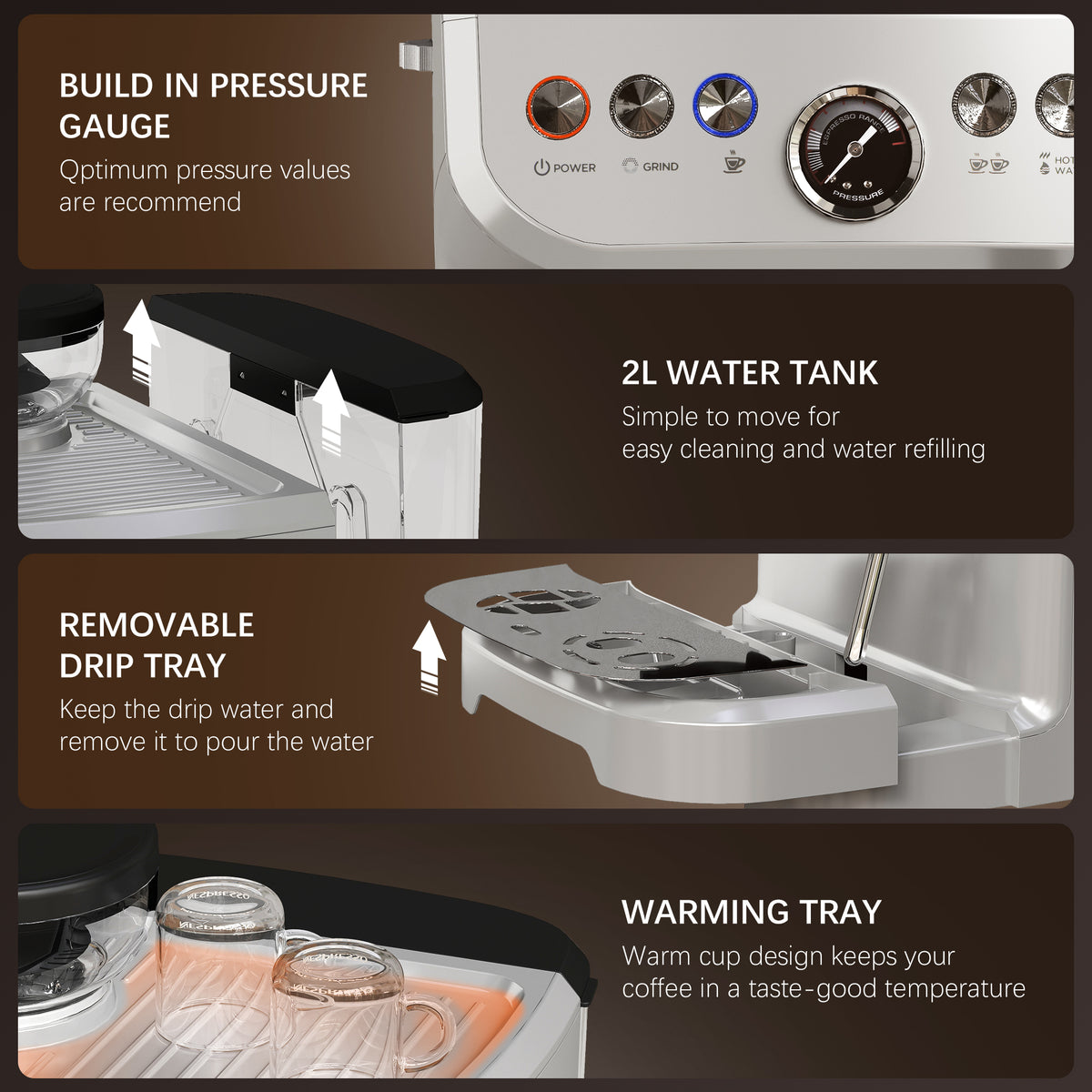 HOMCOM 15 Bar Espresso Machine with Bean Grinder & Steam Wand – Cup Warmer, Silver
