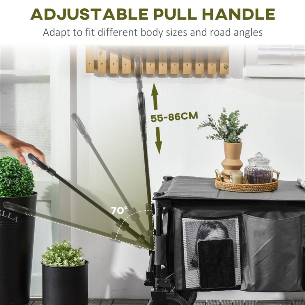 Folding Garden Cart with 4 Wheels, Brakes & Adjustable Handle – 125L Utility Trolley, Dark Grey