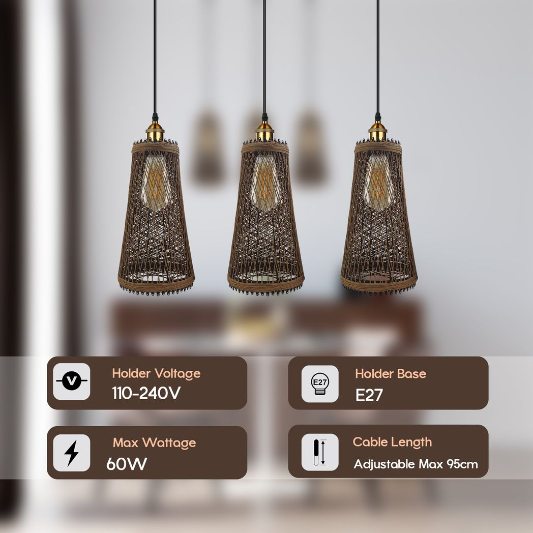 LEDSONE 3 Head Natural Wicker Basket Pendant Light with E27 Holders – Retro Industrial Rattan Ceiling Light