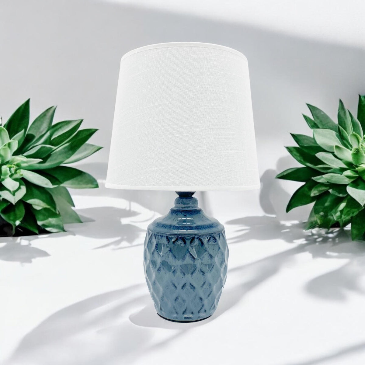 AcaciaHome 40cm Blue Ceramic Table Lamp with White Drum Shade – Corded 240V Home & Office Lighting