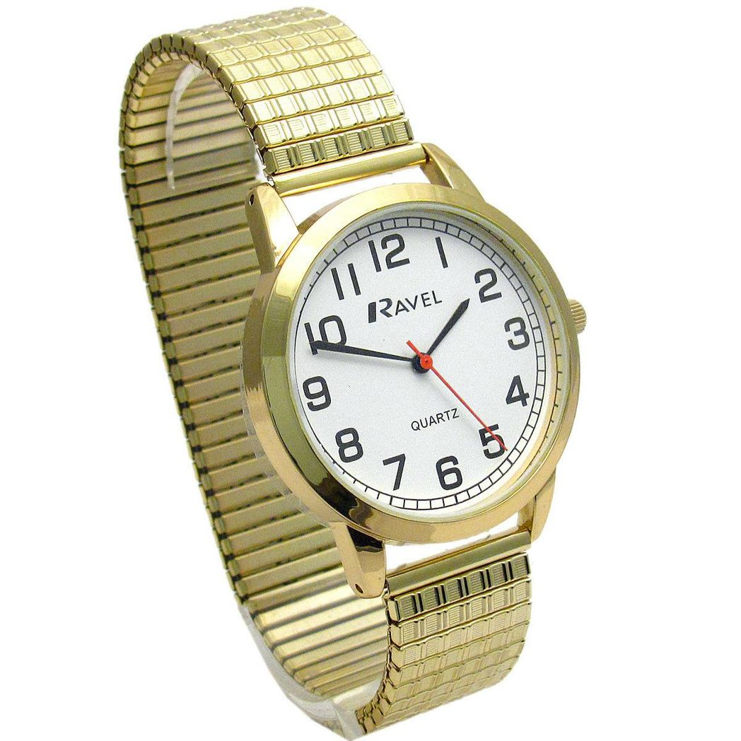 Ravel Men's Bold Number Expander Bracelet Watch – White Dial, Gold Tone (R0232.12.1)
