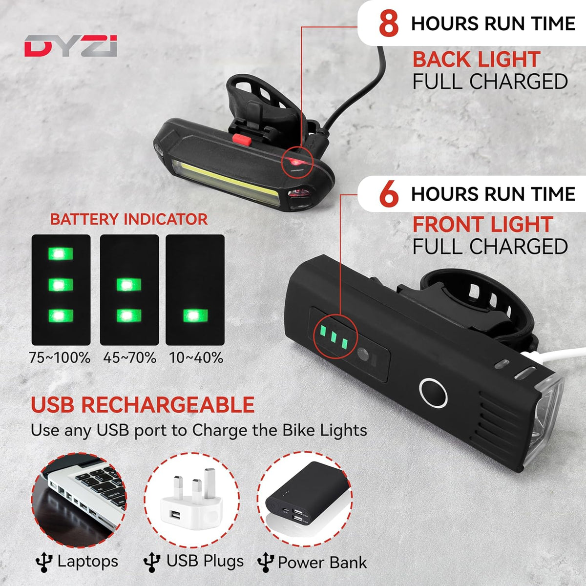Dyzi USB Rechargeable Bike Light Set – Ultra Bright Front & Rear LED Lights, 4 Light Modes, Daylight Sensor