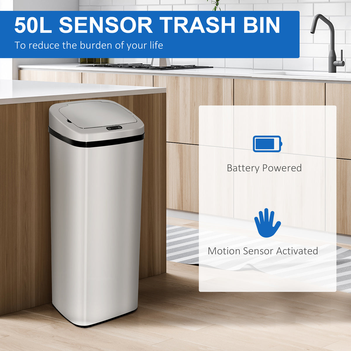 HOMCOM 50L Motion Sensor Kitchen Bin with Touch-Free Lid – Lightweight ABS Waste Bin, Silver & Black