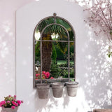 AcaciaHome Vintage Rusty Metal Wall Mirror with Triple Planter 3 Pots Holder – 70cm Arch Design