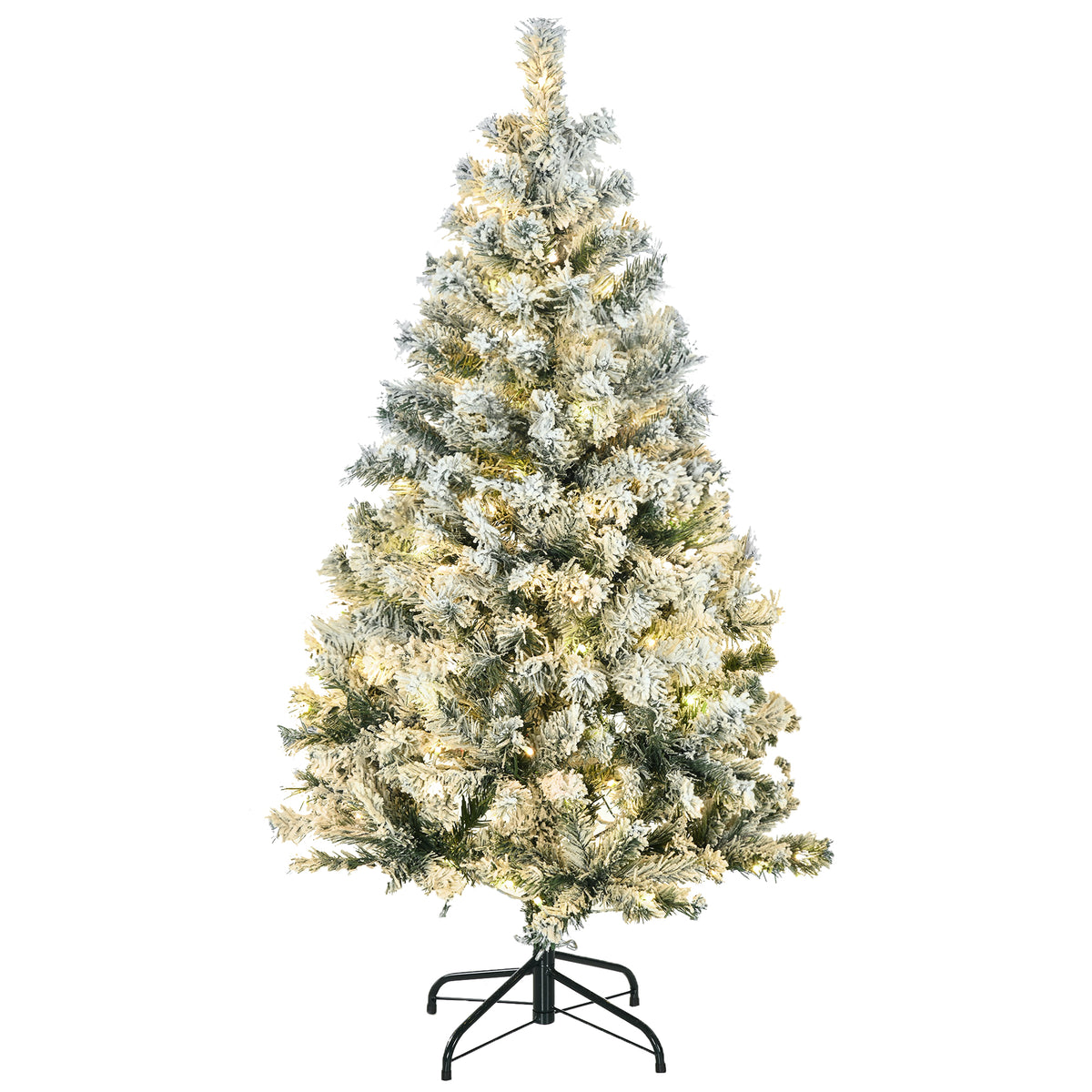 HOMCOM 4.5ft Artificial Flocked Christmas Tree with 150 LED Lights, Snow-Tipped Branches – Indoor Xmas Decor
