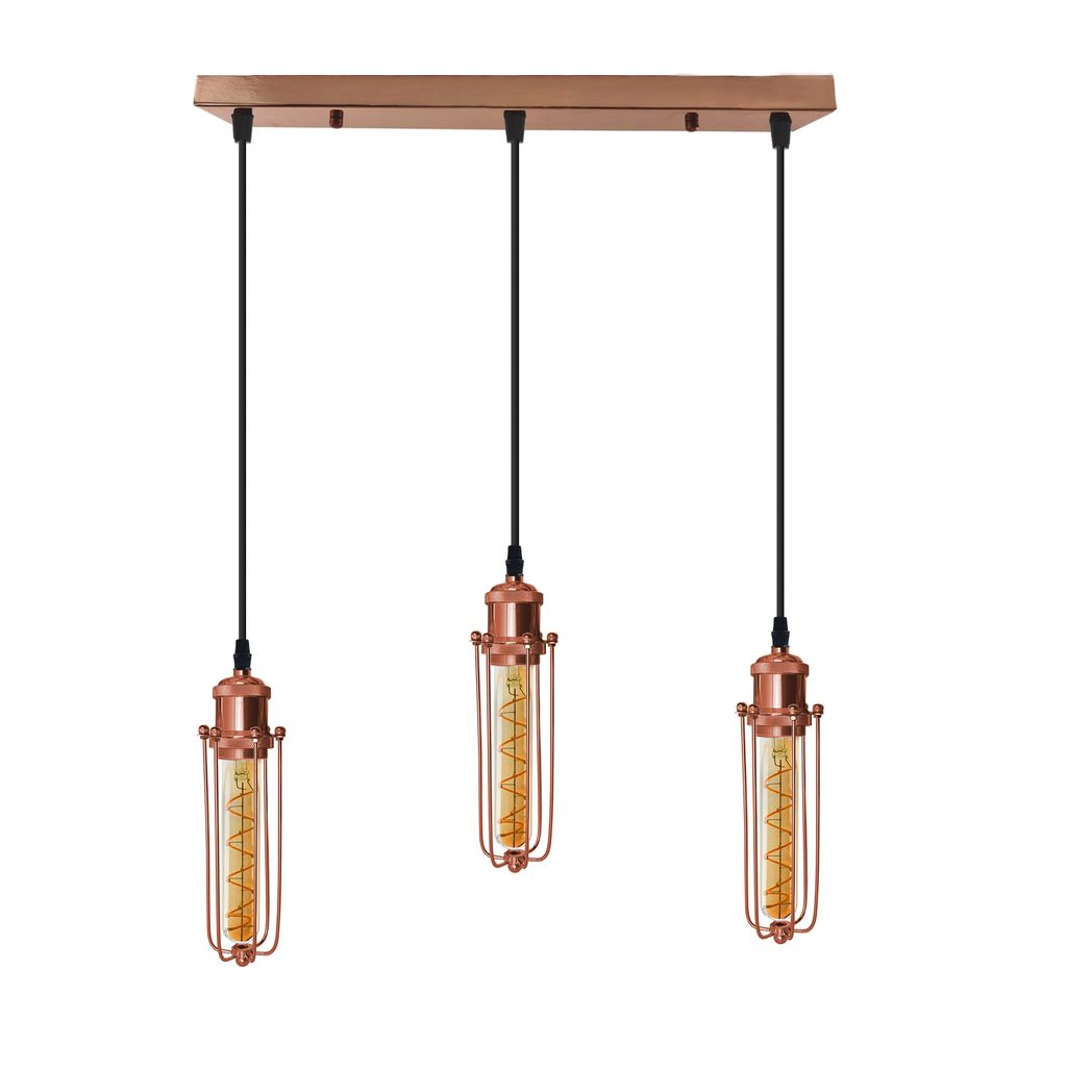 LEDSONE 3 Head Rectangle Rose Gold Wire Cage Pendant Light, E27 – Industrial Hanging Lamp for Kitchen Island