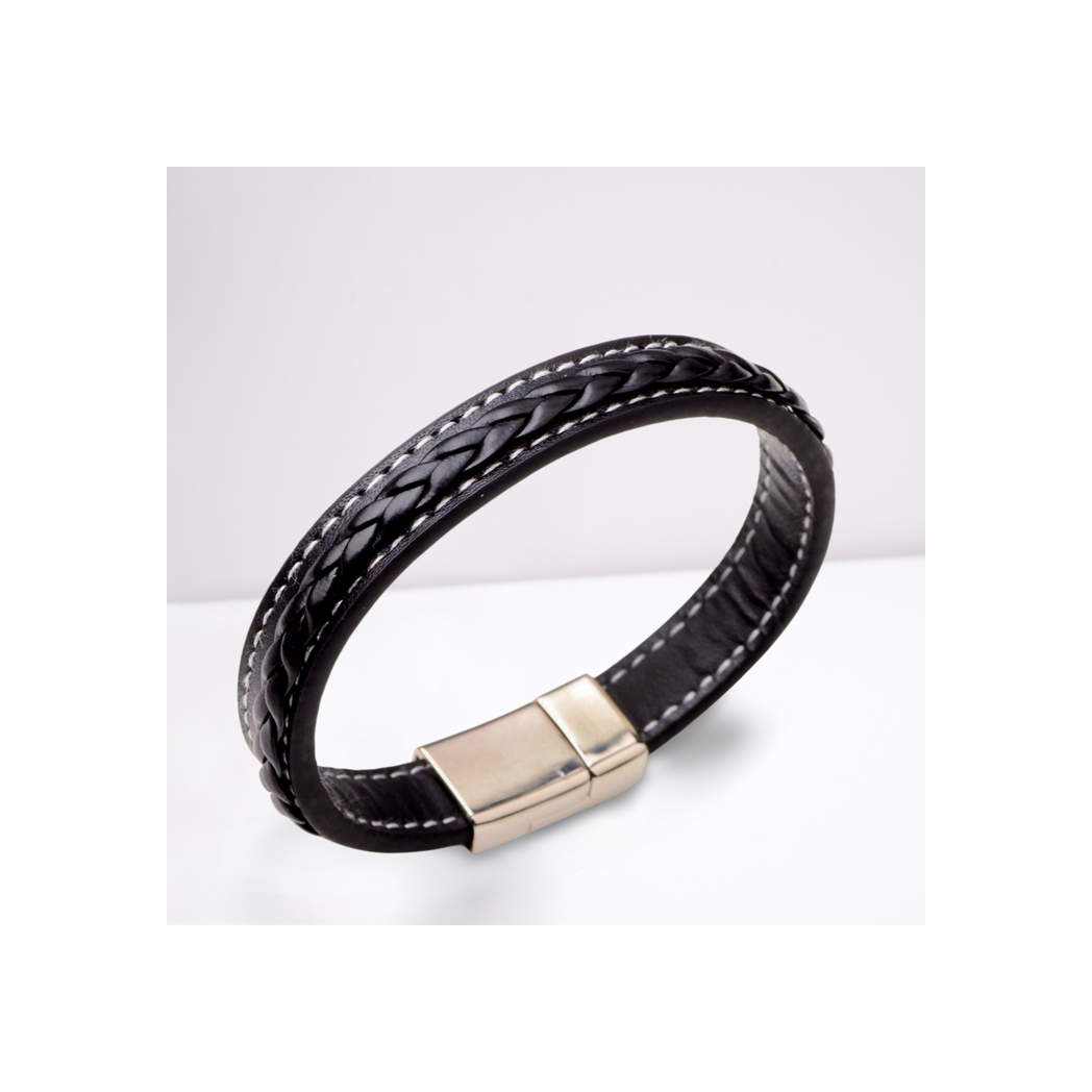 Aye Do Gifts Men's Black Faux Leather Bracelet – Magnetic Clasp, White Stitching