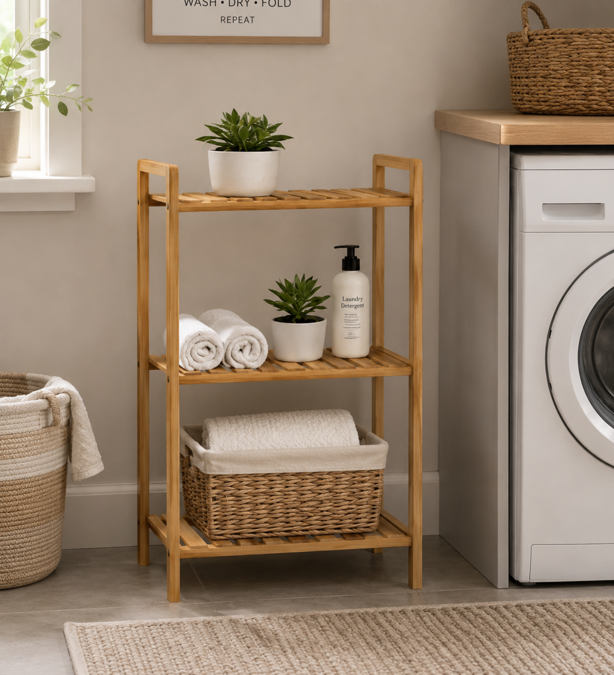 Avilo 3 Tier Bamboo Storage Shelf with Slatted Design – Freestanding Rack for Bathroom & Bedroom