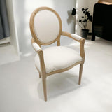 Louis-Style Cream Linen Armchair with High Back – 94cm French Dining Chair, Grey Frame