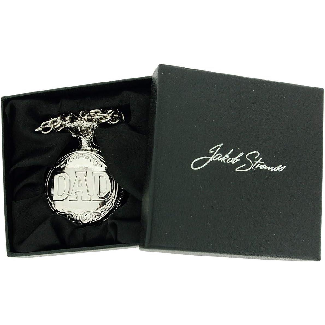 Jakob Strauss Dad Pocket Watch with Silver Tone Case & 12 Inch Brass Chain – Gift Watch, Matte White Dial