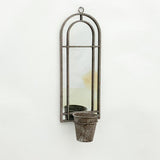 Elegant Rustic Arched Garden Wall Mirror with Flower Pot Holder – Patina Finish, Glass & Metal Frame