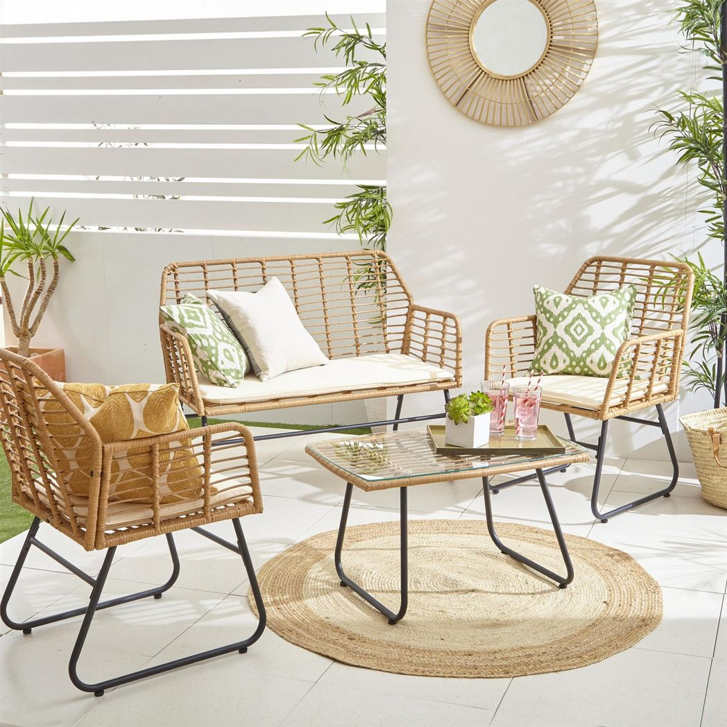 Neo 4-Piece Wicker Bamboo-Style Garden Sofa Set with Table and Chairs – Indoor and Outdoor Rattan Furniture