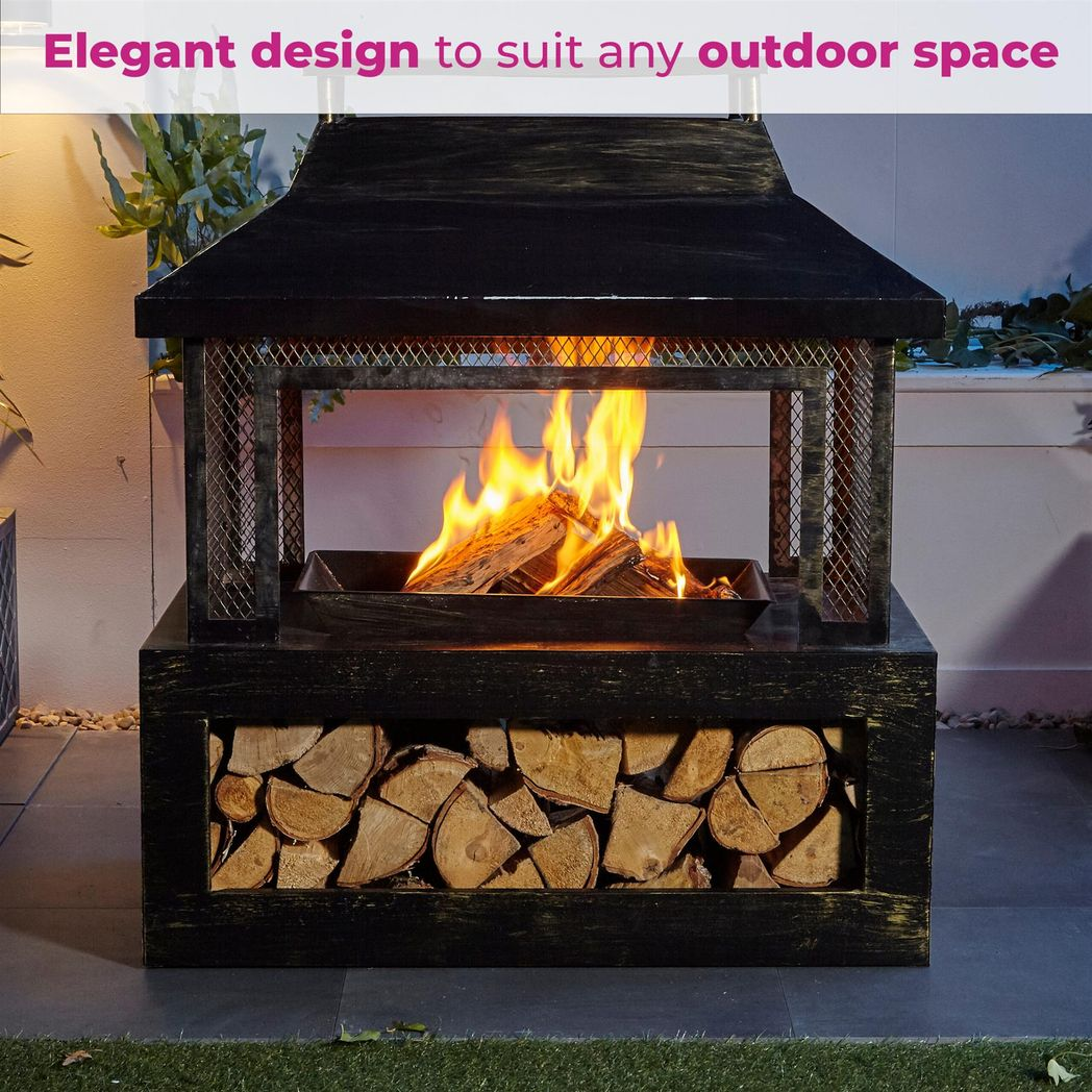 Neo Black Steel Outdoor Fire Pit Log Burner with Mesh Surround, Grate & Poker – 56cm Garden Patio Heater