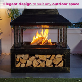 Neo Black Steel Outdoor Fire Pit Log Burner with Mesh Surround, Grate & Poker – 56cm Garden Patio Heater