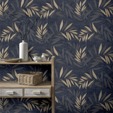 Arthouse Luxury Leaf Heavyweight Vinyl Wallpaper with Champagne Metallic Leaves – Paste the Paper, Navy