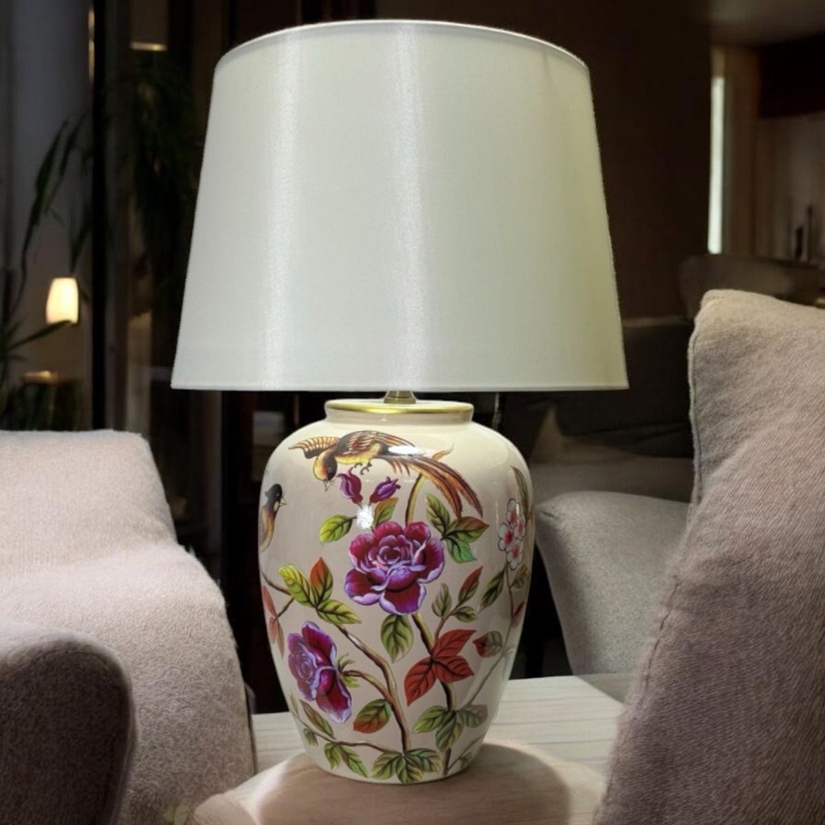AcaciaHome Large Floral Ceramic Table Lamp with White Drum Shade – Modern Oriental Pattern Bedside Light