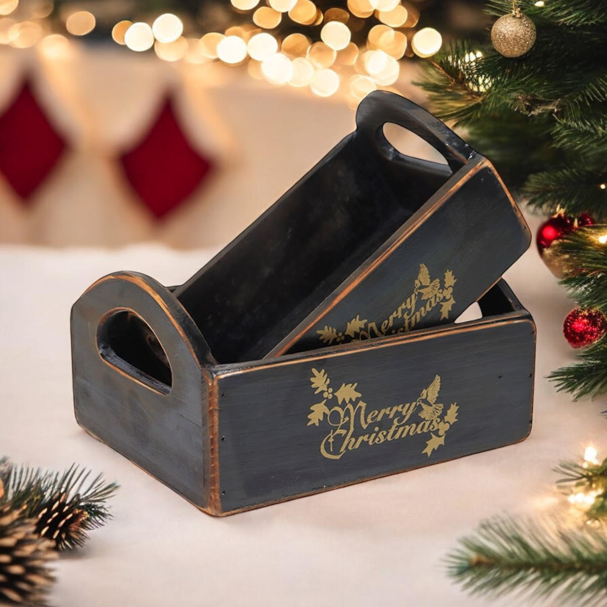 AcaciaHome Vintage 'Merry Xmas' Wooden Storage Crates, Set of 2 – Stackable with Handles, Black