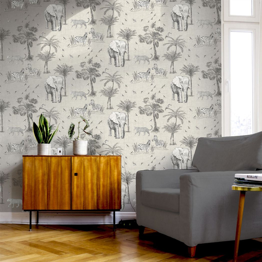 Arthouse Safari Lagoon Wallpaper with Hand-Drawn Safari Animals & Palm Trees – Linen-Look Feature Wall, Grey