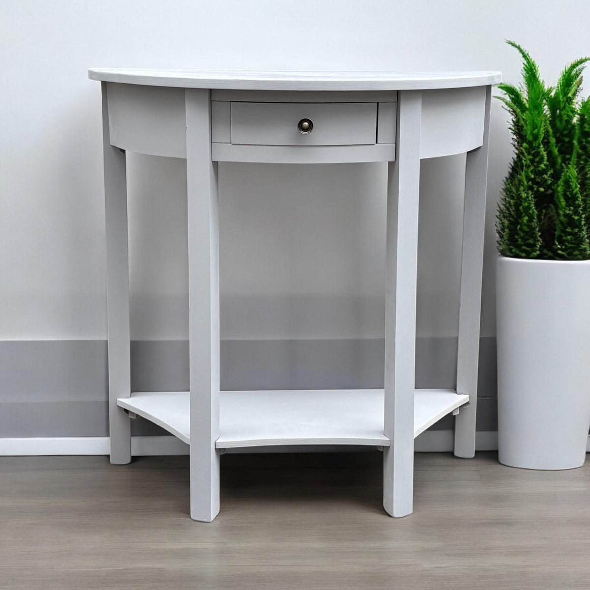 Art Deco 1 Drawer Semicircle Console Table with Satin Knob Handle – Medium Wood Tone Hallway Storage, Grey