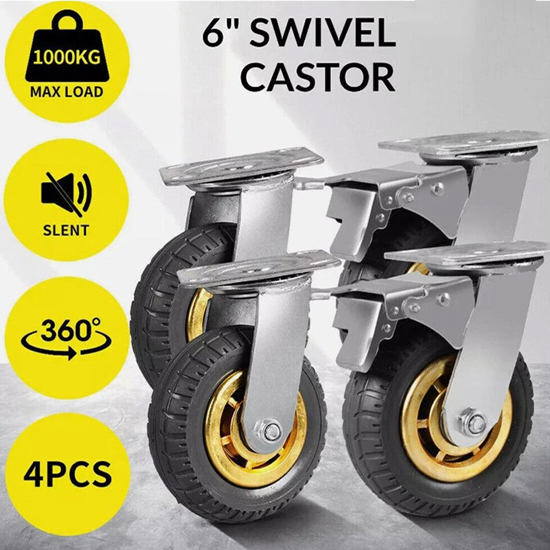 4 x 150mm Heavy Duty Swivel Castor Wheels with Brakes – Non-Marking Rubber, 300kg Combined Load