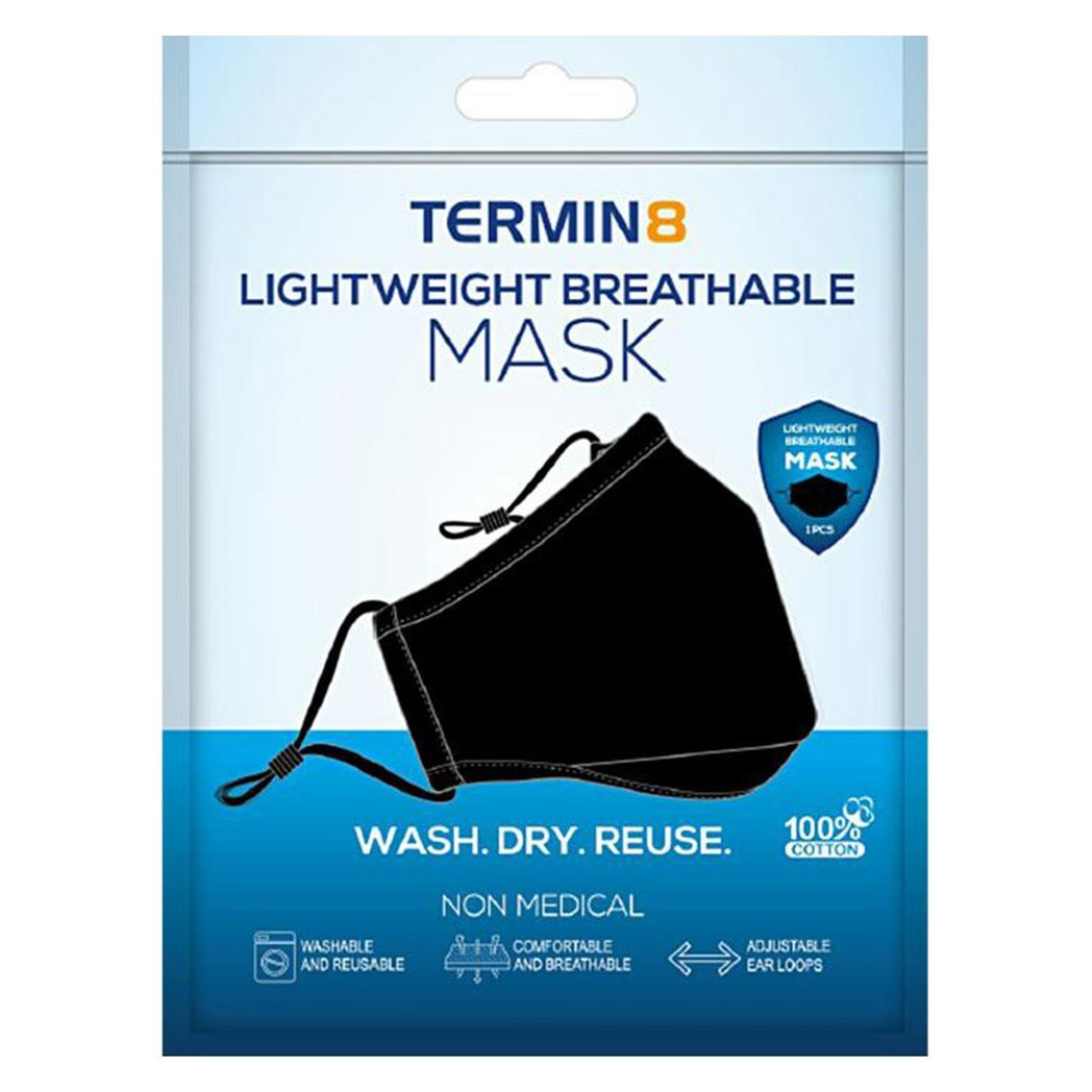 Termin8 Triple Layer Reusable Cotton Face Mask with Filter Pocket and Nose Clip – Machine Washable, Black