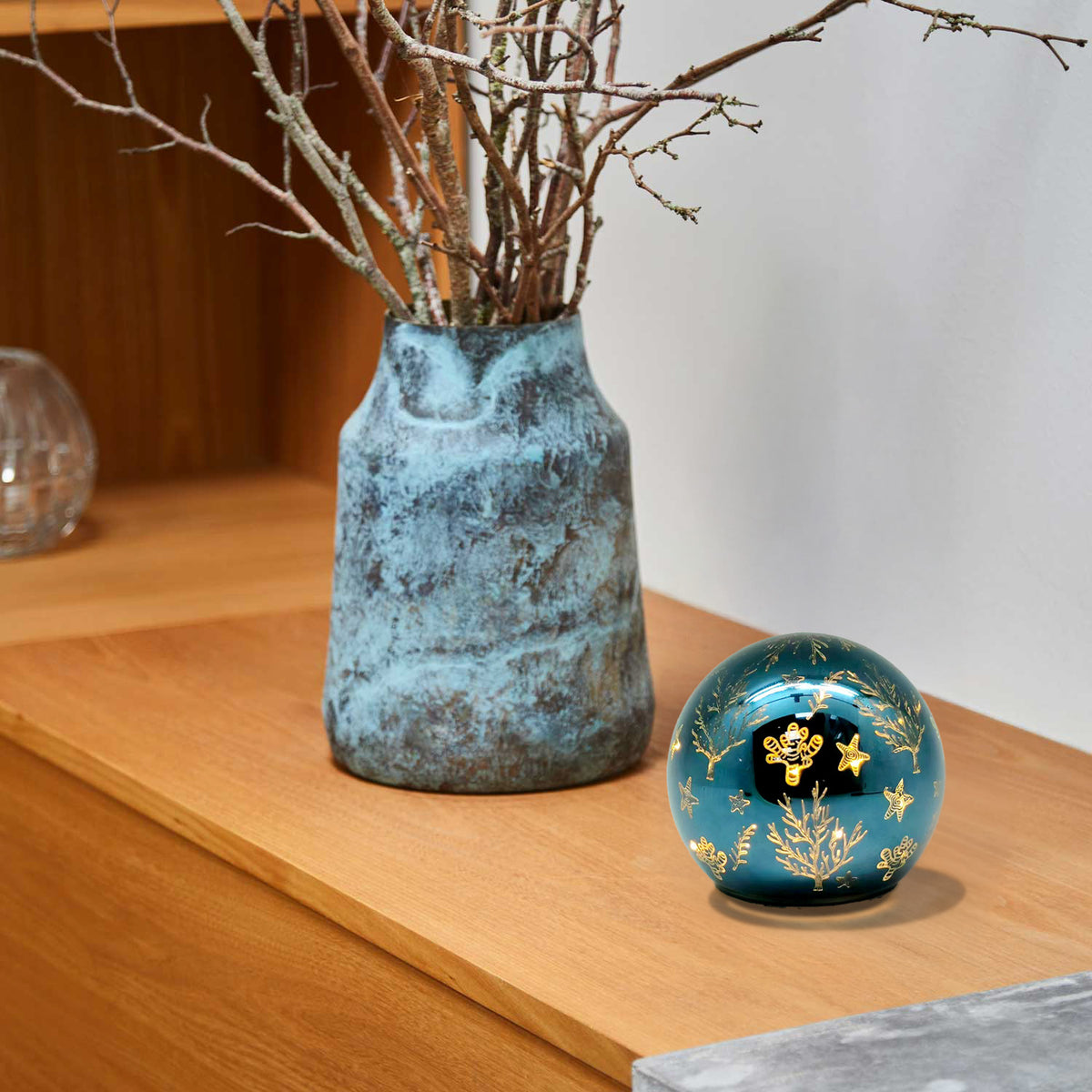 Avilo Enchanted Turquoise Glow Orb with Sea Bed Motif and Soft Yellow Glow – Bedside & Mantel Decor Light
