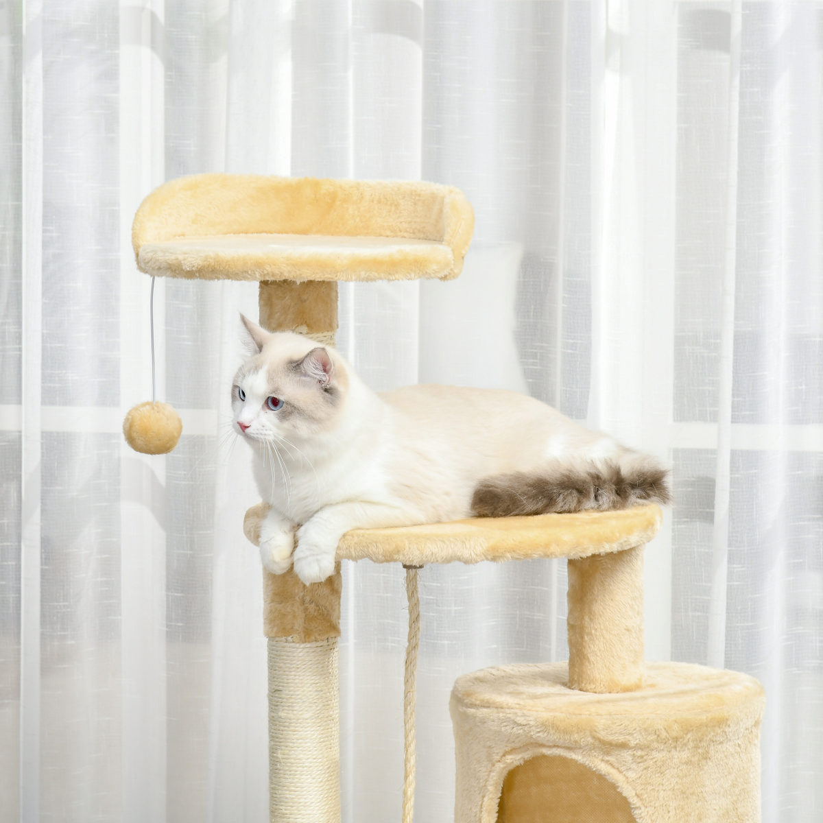 Pawhut 114cm Four-Tier Cat Tree with Sisal Posts, Condo and Dangling Toys – Indoor Activity Centre, Beige