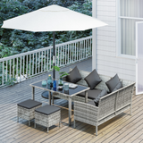 Outsunny 5-Piece Rattan Corner Sofa Dining Set with Glass Table and Footstools – Garden Furniture, Dark Grey