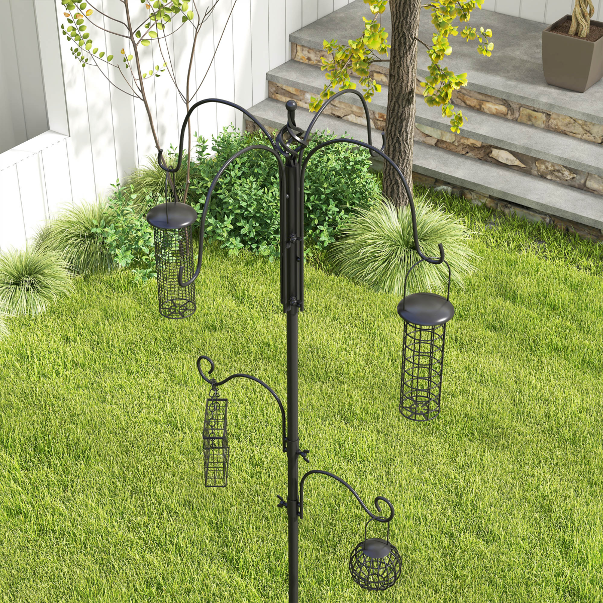 PawHut Bird Feeding Station Kit with 6 Hooks and 4 Hanging Feeders – Garden Wild Bird Feeder Pole