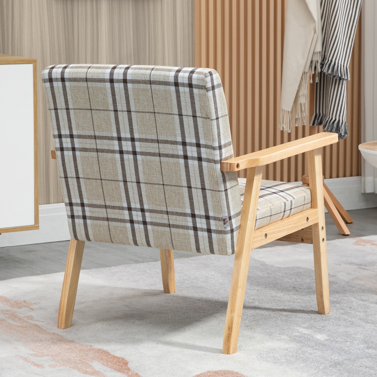 HOMCOM Modern Linen-Feel Accent Chair with Checked Seat Cushion & Open Frame – Beige