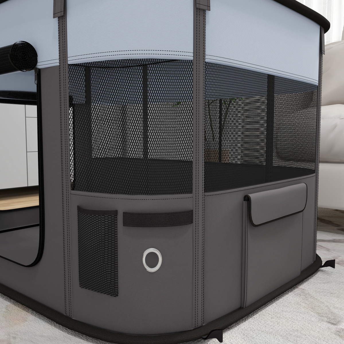 PawHut Portable Foldable Pet Playpen with Mesh Windows & Storage Bag – Dog, Rabbit & Kitten Run, Grey, 94cm