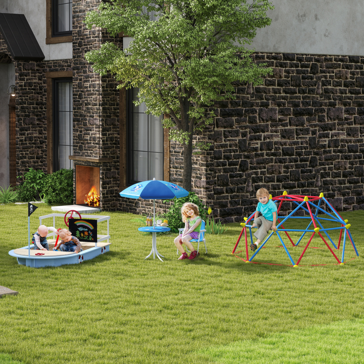 Kids Foldable Four-Piece Garden Set with Round Table, 2 Chairs & Umbrella – Shark Design Play Set, Blue