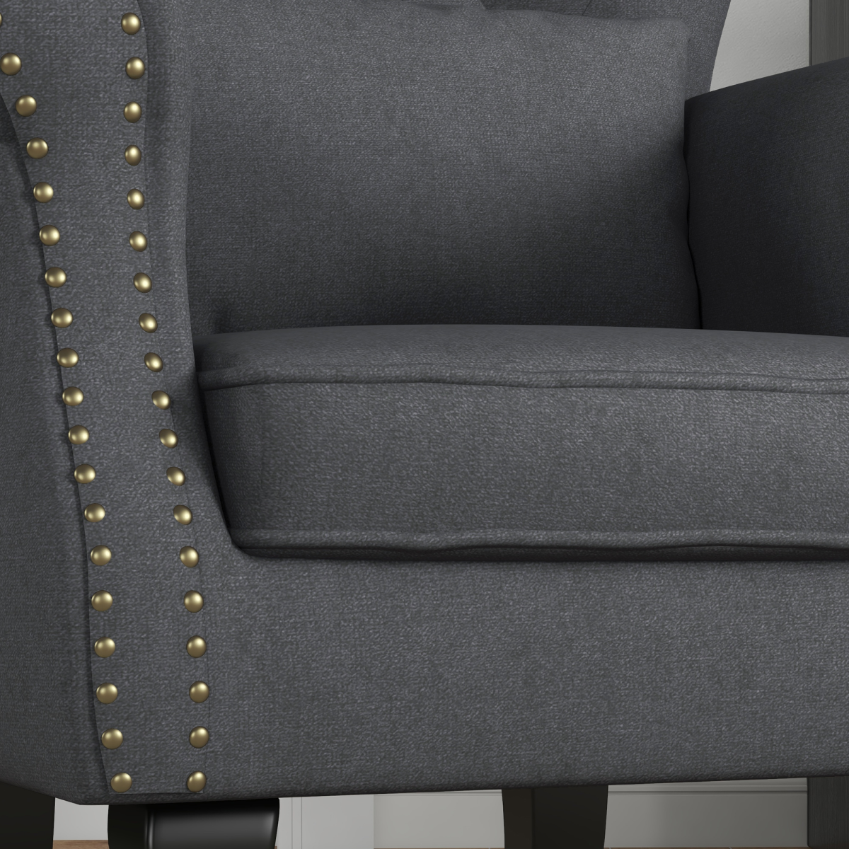 HOMCOM Vintage Wingback Accent Armchair with Nailhead Trim & Wooden Legs – Living Room Chair, Dark Grey