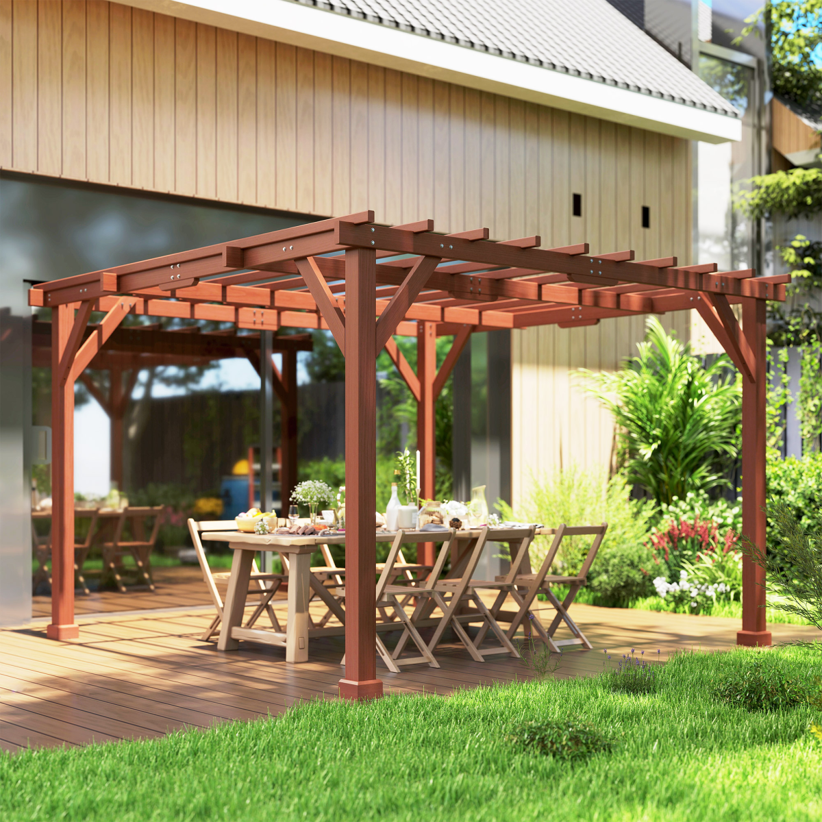 Outsunny 3.3x3.3m Wooden Pergola Kit with Fir Wood Columns & Crisscross Beams – Garden Gazebo, Brown