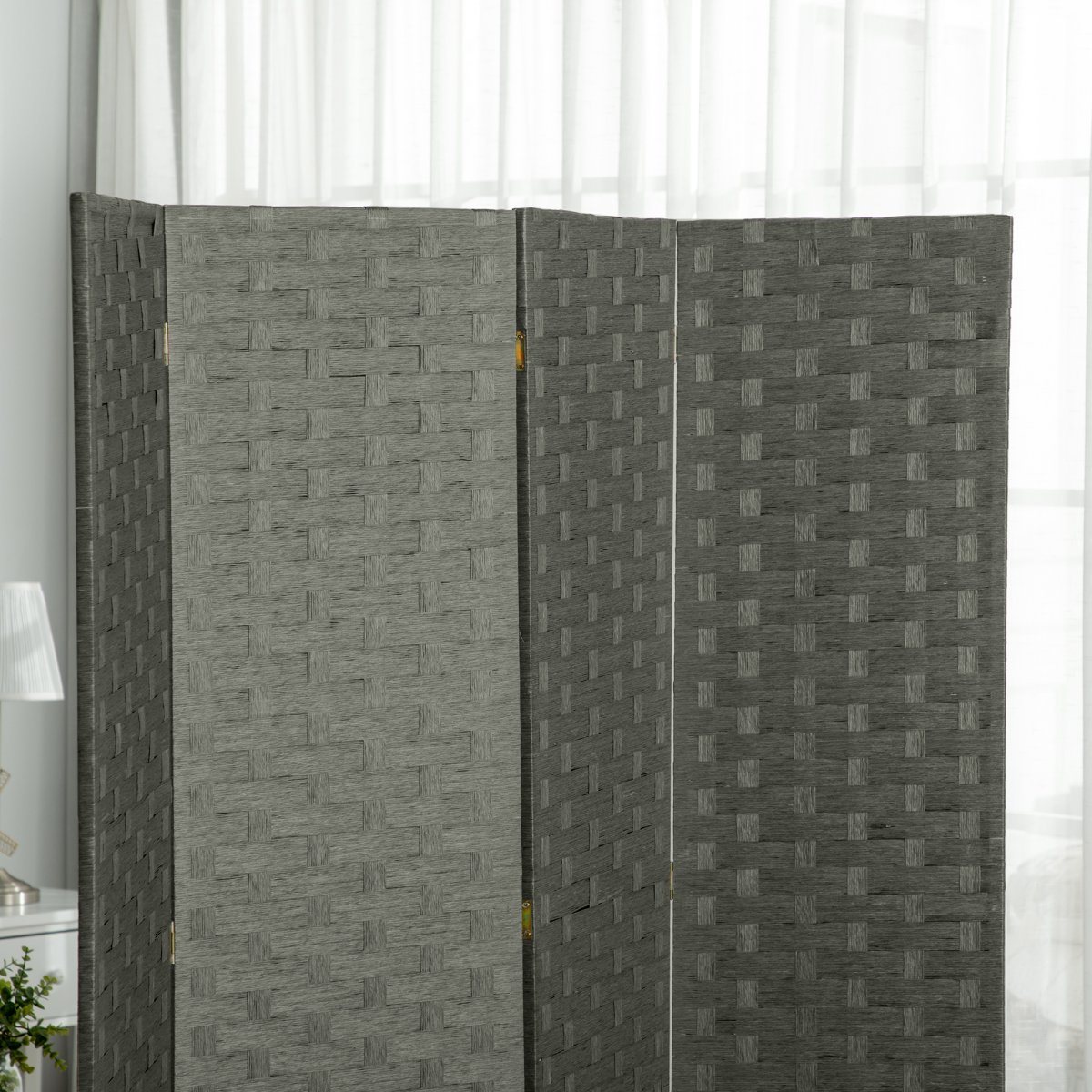 4-Panel Folding Room Divider, Wave Fibre Woven Wicker Effect Privacy Screen with Wood Frame, Grey